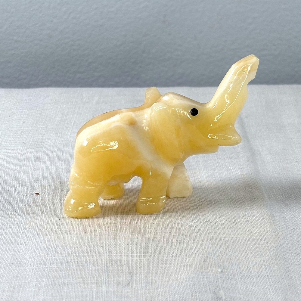 Honey Onyx Hand Carved Elephant Figurine Yellow Banded Stone Trunk Up Good Luck